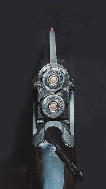 12-gauge shotgun with cartridges in the barrels on a black background - Photo, Image