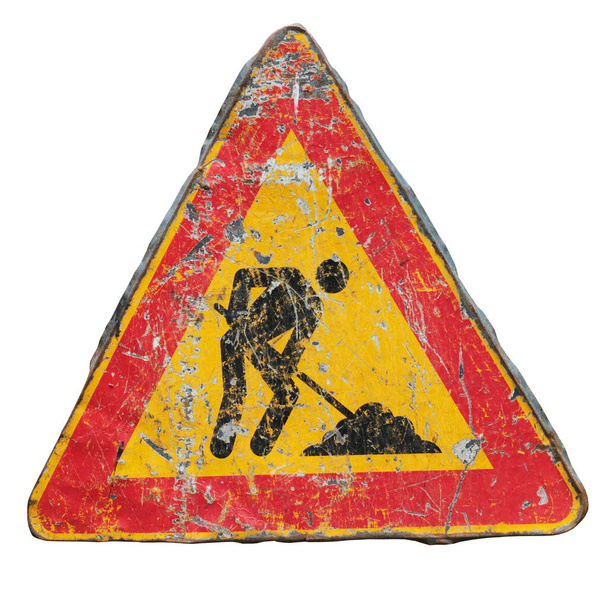segnale di avvertimento triangolo isolato sui lavori stradali di sfondo bianco
 - Foto, immagini