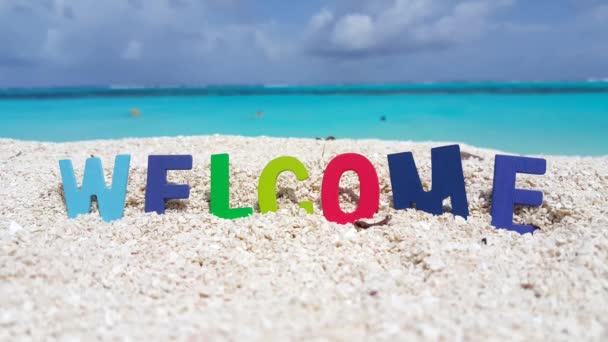 Welcome text on the beach. Trip to Barbados, Caribbean. - Footage, Video