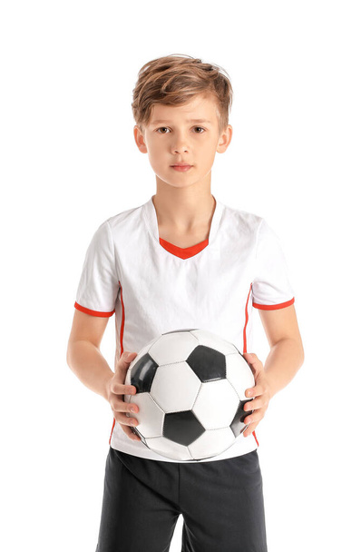 Cute little football player on white background - Φωτογραφία, εικόνα