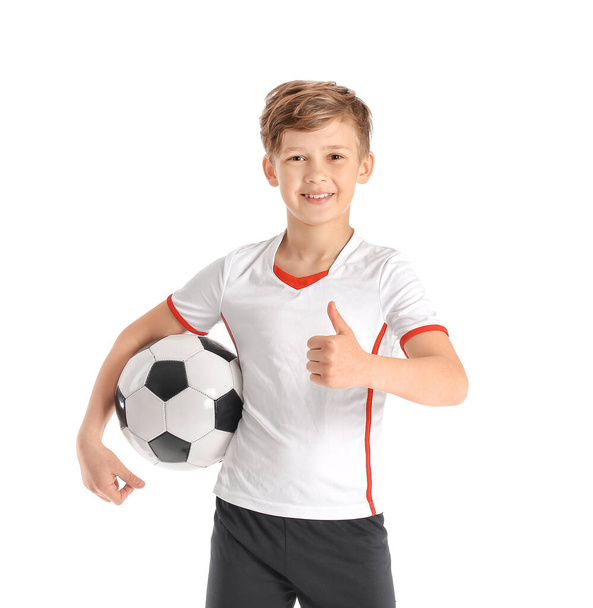 Cute little football player on white background - Foto, Imagen