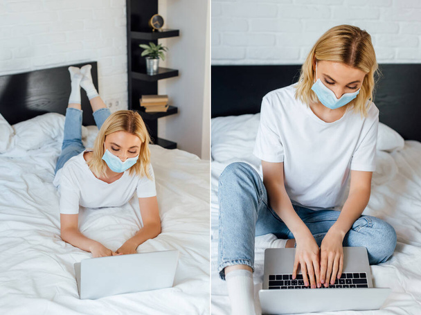 Collage van blonde freelancer in medisch masker met behulp van laptop op bed  - Foto, afbeelding