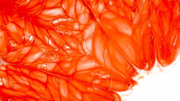 Makro fénykép lédús cellulóz piros narancs vagy grapefruit fehér alapon. Az egzotikus trópusi gyümölcsök és bogyók elvont háttere - Fotó, kép