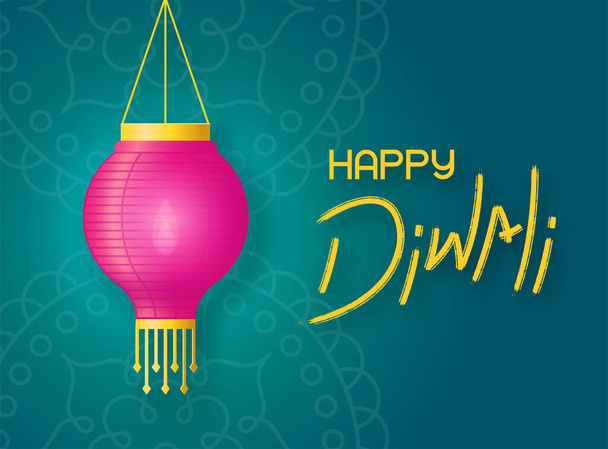 Paper lantern with fire hangs on the background green rangoli. Concept banner happy diwali with lettering and holiday lantern - Vector, Image