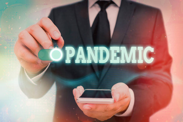Word writing text Pandemie. Geschäftskonzept für ein breites Gebiet mit hohem Bevölkerungsanteil. - Foto, Bild