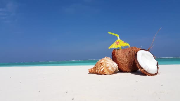 καρύδα με άχυρο σε φόντο παραλία - Πλάνα, βίντεο
