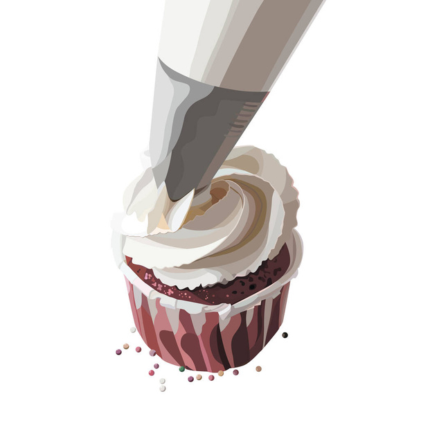 Exprimir la crema de cuajada en un cupcake usando una bolsa de pastelería. La ilustración vectorial es útil para la tarjeta de menú de decoración. EPS 10
 - Vector, imagen