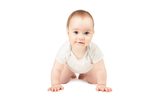 Funny crawling baby girl isolated on white background. Topview - Φωτογραφία, εικόνα