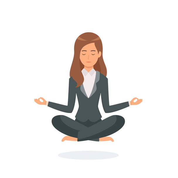 Деловая женщина медитирует на белом фоне. Концепция спокойного бизнеса. Работать в офисе. Векторный сток
 - Вектор,изображение