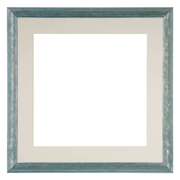 Cadre vide isolé sur blanc, format carré, dans une finition de lavage bleu peint à la main avec mat
 - Photo, image