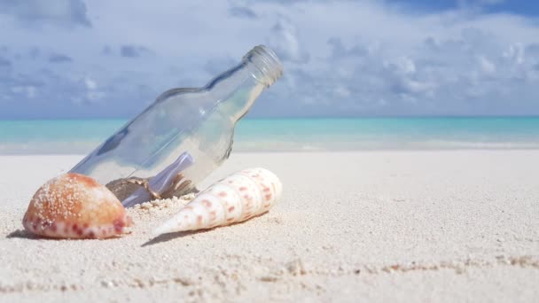 ビーチでガラスボトルで貝殻。バハマ,カリブ海での熱帯の休暇.  - 映像、動画