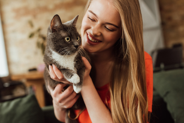 happy young woman looking at cute cat at home - Фото, изображение