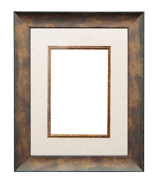 Moldura de imagem vazia isolada em branco, formato retrato, em um efeito bronze pintado acabamento com fosco
 - Foto, Imagem