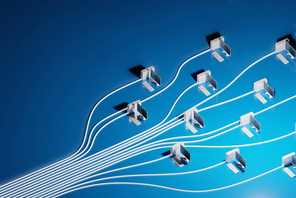 Computação em nuvem, conceito de infraestrutura de rede em fundo azul com espaço negativo. Renderização digital 3D
. - Foto, Imagem