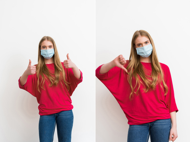 collage van jonge vrouw in medische maskers tonen duimen omhoog en duim naar beneden geïsoleerd op wit  - Foto, afbeelding