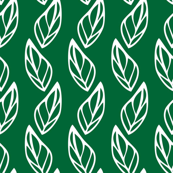 シンプルな葉の葉のイラスト緑のモノクロームシームレスパターン背景壁紙。テキスタイル、ファブリック、紙、印刷、インテリア、装飾などのための手描きの植物パターン. - ベクター画像