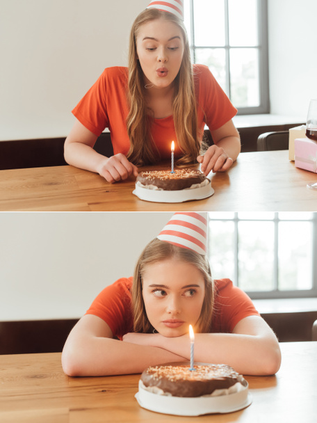колаж дівчини в вечірніх кепках вибухає свічкою і дивиться далеко біля торта на день народження
 - Фото, зображення