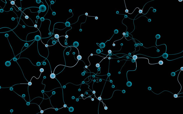 Нейронная сеть. Социальная сеть. Футуристическая ДНК, дезоксирибонуклеиновая кислота. Абстрактная молекула, иллюстрация клеток, мицелий. Темный фон. 3D иллюстрация - Фото, изображение