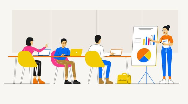 Happy business woman presenting new project to her partners and colleagues. Team leader giving presentation to clients at conference meeting room. Showing graphs and pie charts. Vector illustration. - Vector, Image