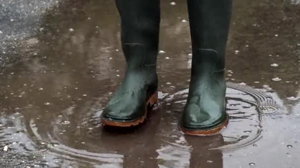 Green rubber boots in a puddle. Close-up. - Footage, Video