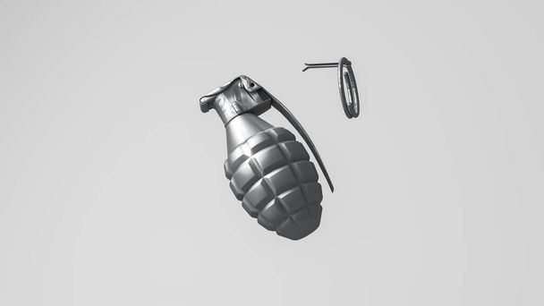 3D rendering, Mock up of metal grenades with shiny reflection, flying in the air and ready to bomb, isolated gray background. - Photo, image