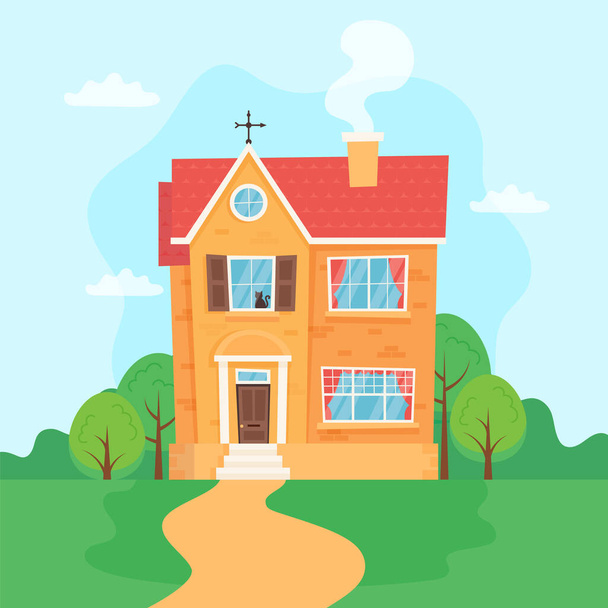 Cute house with landscape. Vector illustration in flat style - Vector, Image