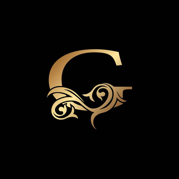 Luxury Gold Letter G Floral Leaf Logo Ikona, Klasyczny Vintage wektor koncepcji projektowania godło, zaproszenie do karty ślubnej, tożsamość marki, początkowa wizytówka, Restauracja, Boutique, Hotel i więcej luksusów tożsamości biznesowej. - Wektor, obraz