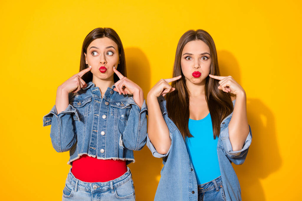 Portrait of funky crazy foolish girls fellows point index finger inflating cheeks wear denim singlet clothes isolated over bright color background - Foto, afbeelding