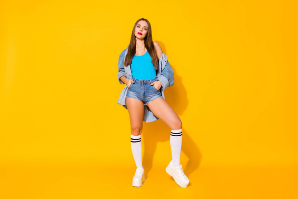 Full length body size view of her she nice-looking attractive lovely gorgeous glamorous funky content girl posing isolated on bright vivid shine vibrant yellow color background - Photo, Image