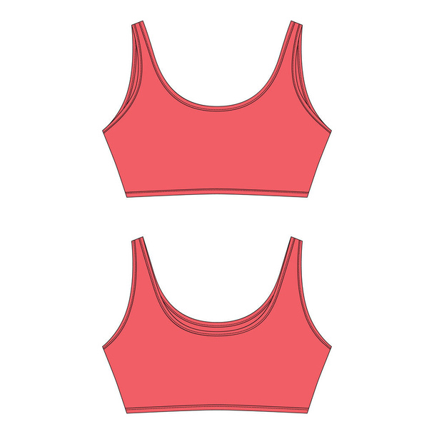 Technical sketch of bra in red color for girls isolated. Yoga underwear design template vector illustration. Front and back views. - Vektör, Görsel