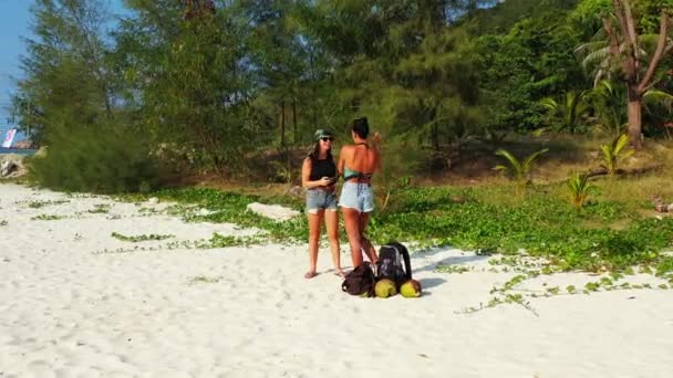 Dos jóvenes amigas felices paradas en la costa arenosa del mar con equipaje a su lado, hablando y dándose cinco. Hermosas mujeres descansando en un resort tropical  - Metraje, vídeo