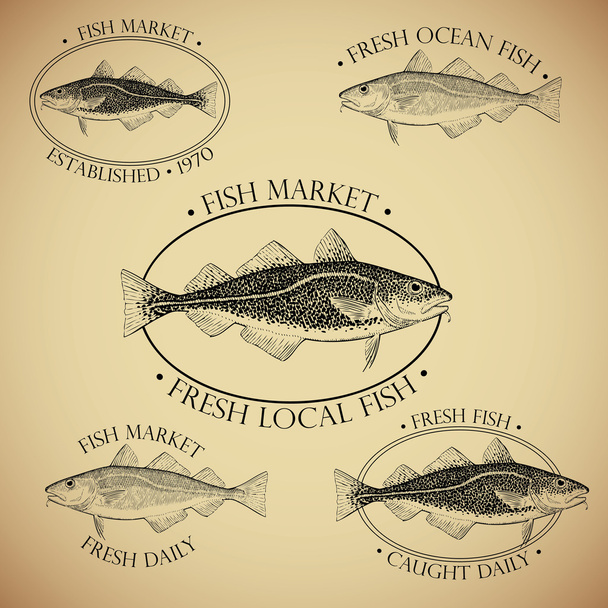 Znaki i etykiety rybne - Wektor, obraz