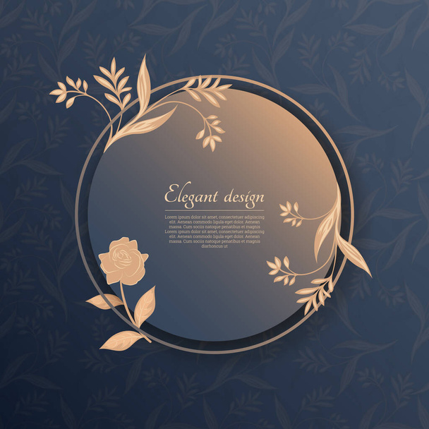 Round greeting frame. Floral golden template with place for text. Design for invitations and holidays. Floral background. Vector illustration. - Vektör, Görsel
