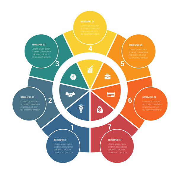 Colorful circular infographics from ring and circles. 7 positions for textual information. Use for business presentations is possible. - Vector, imagen