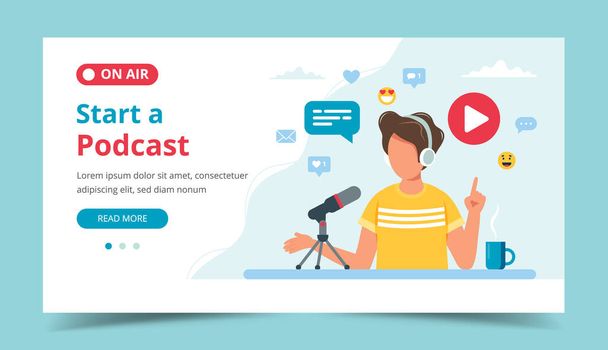 Podcaster talking to microphone recording podcast in studio. Landing page template. Vector illustration in flat style - Vector, Image