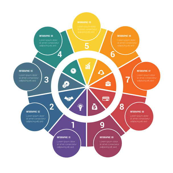 Coloridas infografías circulares de anillos y círculos. 9 posiciones para información textual. Uso para presentaciones de negocios es posible
. - Vector, imagen