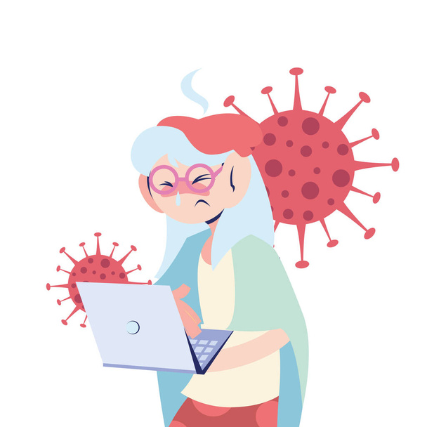 sick old woman looking at the computer - Vector, Image