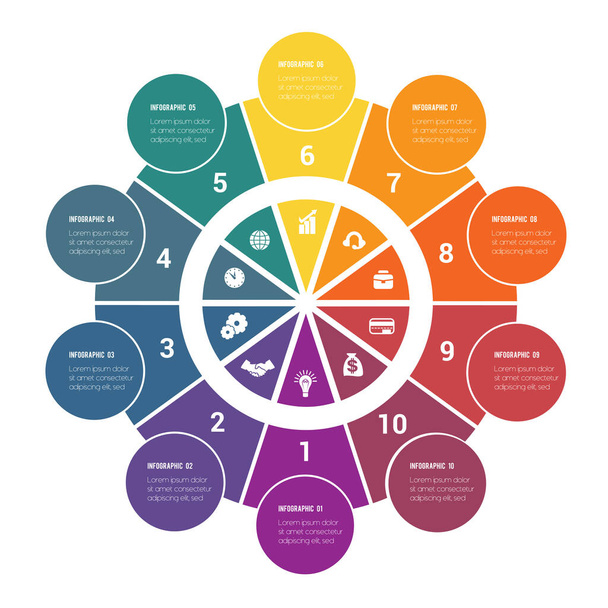 Colorful circular infographics from ring and circles. 10 positions for textual information. Use for business presentations is possible. - Wektor, obraz