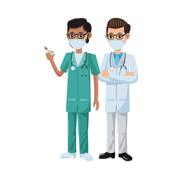 médicos do sexo masculino que utilizam máscaras médicas com vacina
 - Vetor, Imagem