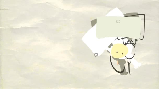 Spinnende und hüpfende Elemente schaffen niedliche animierte Anzeige mit Aufkleber des großen Jungen, der ein Zeichen von 100 Prozent Bio-Steckbrief auf Recyclingpapier Textur Hintergrund Nützlich für Lebensmittel - Filmmaterial, Video