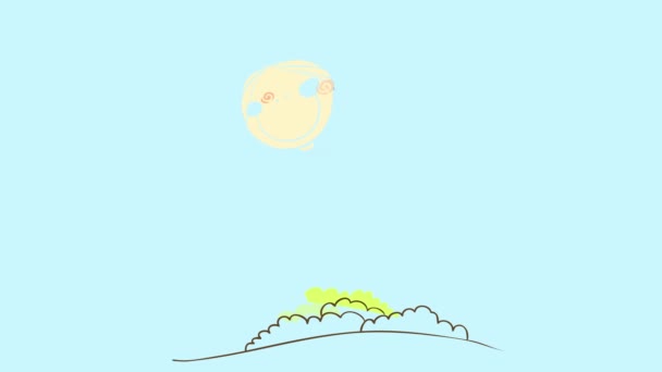 Chaotické hnutí prvků tvořících animovaný portrét dívky sedící na mraku nad zelenými keři na kopci utvářejícím se s barvami objevujícími se na obrazovce otáčení a obrys padající - Záběry, video