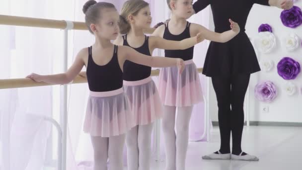 小さな女の子は古典的なバレエのレッスンを持っているアートスタジオで教師と一緒に脚の動きを学ぶ. - 映像、動画