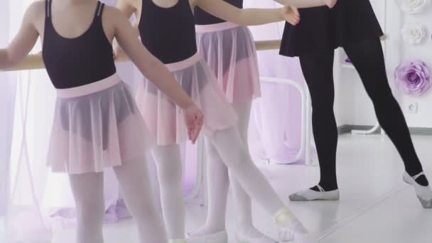Las niñas están teniendo clases de ballet clásico aprendiendo movimientos de piernas con el profesor en el estudio de arte
. - Metraje, vídeo