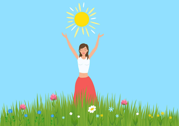Girl raised her hands and enjoys the sun in a meadow with flowers. - Vector, Image