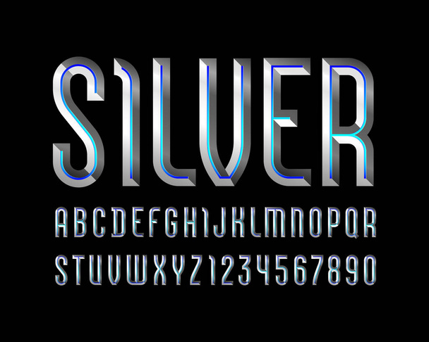 Chroomalfabet uit gebeiteld blok, lettertype met zilvermetallic effect, schuine letters en cijfers, vectorillustratie 10EPS - Vector, afbeelding