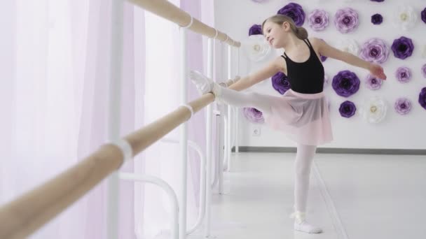 Fiatal balerina portréja a balettkorlát mellett a stúdióban. - Felvétel, videó