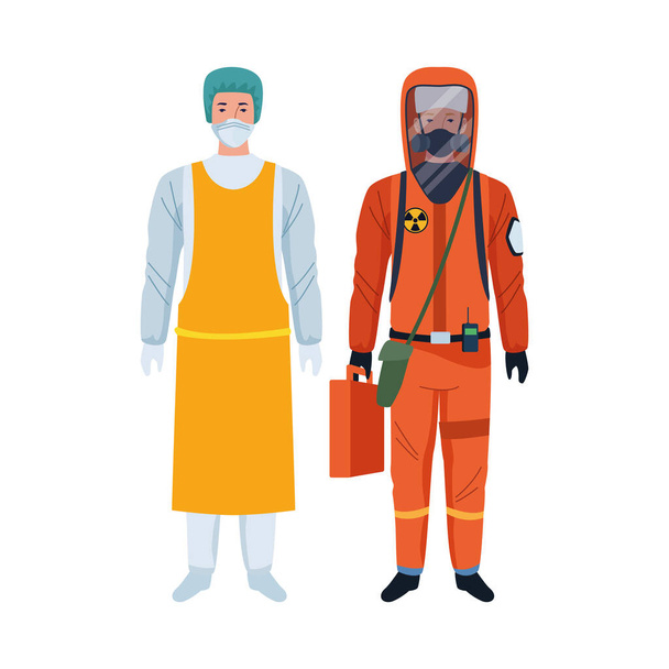 trabalhadores vestindo biossegurança ternos personagens
 - Vetor, Imagem