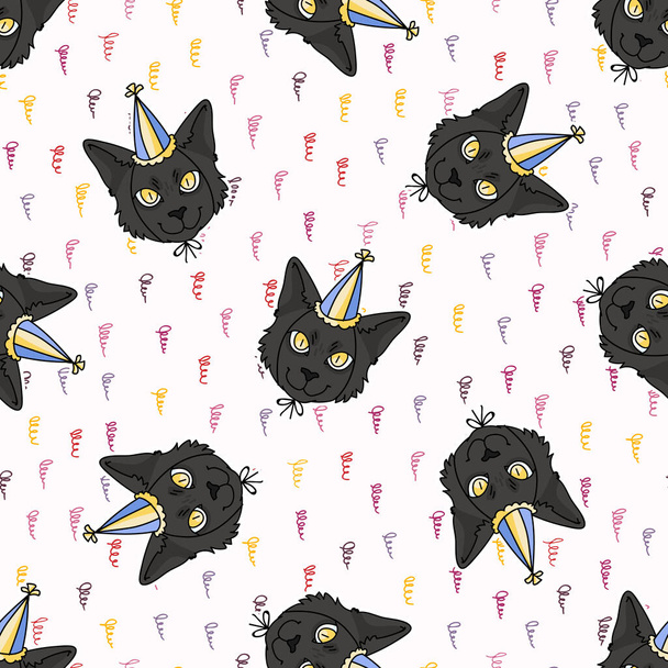 Cute cartoon Bombay cat face with party hat seamless vector pattern. Pedigree kitty breed domestic cat background. Cat lover celebration all over print. Feline EPS 10.  - Vector, Image