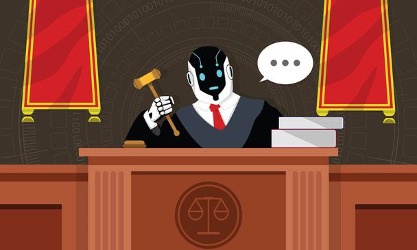 Robottiasianajaja tai tuomari istuu valtaistuimella oikeussalissa. Humanoidi työskentelee työpaikalla nuijikirjojen ja salkun tekoäly oikeuden käsitteen kanssa. Tasavektorin kuva
 - Vektori, kuva