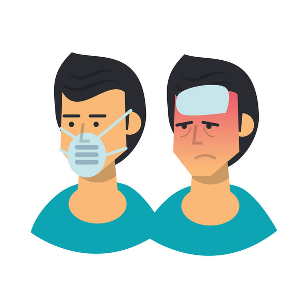 ομάδα ανδρών άρρωστων με συμπτώματα και να χρησιμοποιούν ιατρική μάσκα - Διάνυσμα, εικόνα
